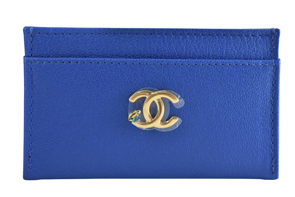 Chanel 26A Blazy Blue Chevre Leather Gold CC Logo Frog Credit Card Holder Wallet